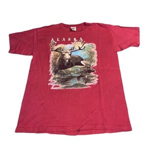 VTG 90s Prairie Mountain Alaska Moose Red Single Stitch Shirt
